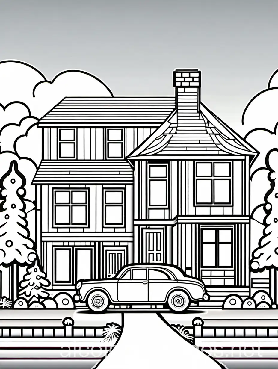 House with a car, Coloring Page, black and white, line art, white background, Simplicity, Ample White Space. The background of the coloring page is plain white to make it easy for young children to color within the lines. The outlines of all the subjects are easy to distinguish, making it simple for kids to color without too much difficulty 