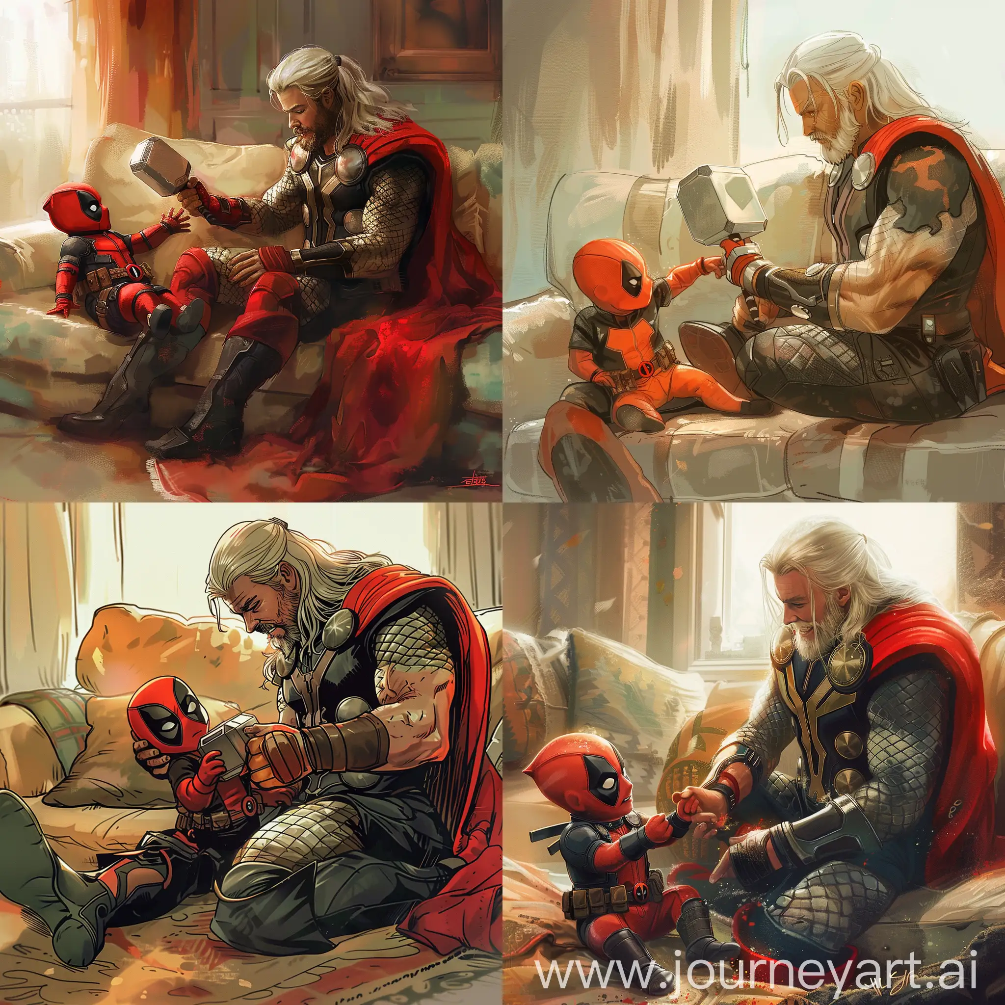 Joyful-Adult-Thor-Playing-with-Baby-Deadpool-on-Couch-in-Daylight