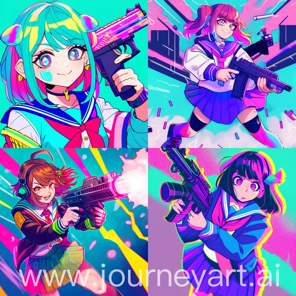 Schoolgirl with a gun, vibrant and colorful in the style of isekai anime --s 450 --niji 6 --ar