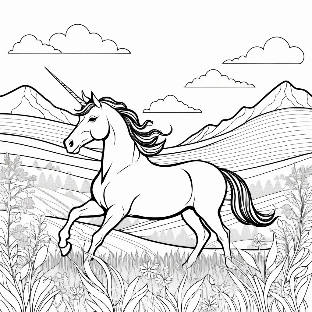 A magical unicorn prancing through a meadow, line art, white background, Simplicity, Ample White Space. The background of the coloring page is plain white to make it easy for young children to color within the lines. The outlines of all the subjects are easy to distinguish, making it simple for kids to color without too much difficulty, Coloring Page, black and white, line art, white background, Simplicity, Ample White Space. The background of the coloring page is plain white to make it easy for young children to color within the lines. The outlines of all the subjects are easy to distinguish, making it simple for kids to color without too much difficulty
