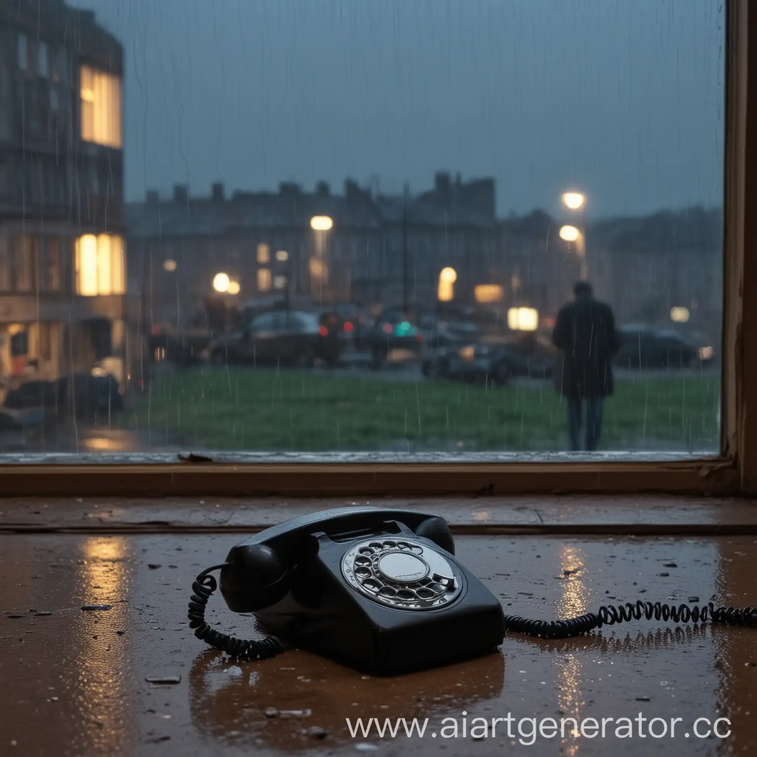 Старый телефон, его трубка с него снята и лежит рядом. На фоне ночь, окно с дождем, за окном в далеке стоит мужчина