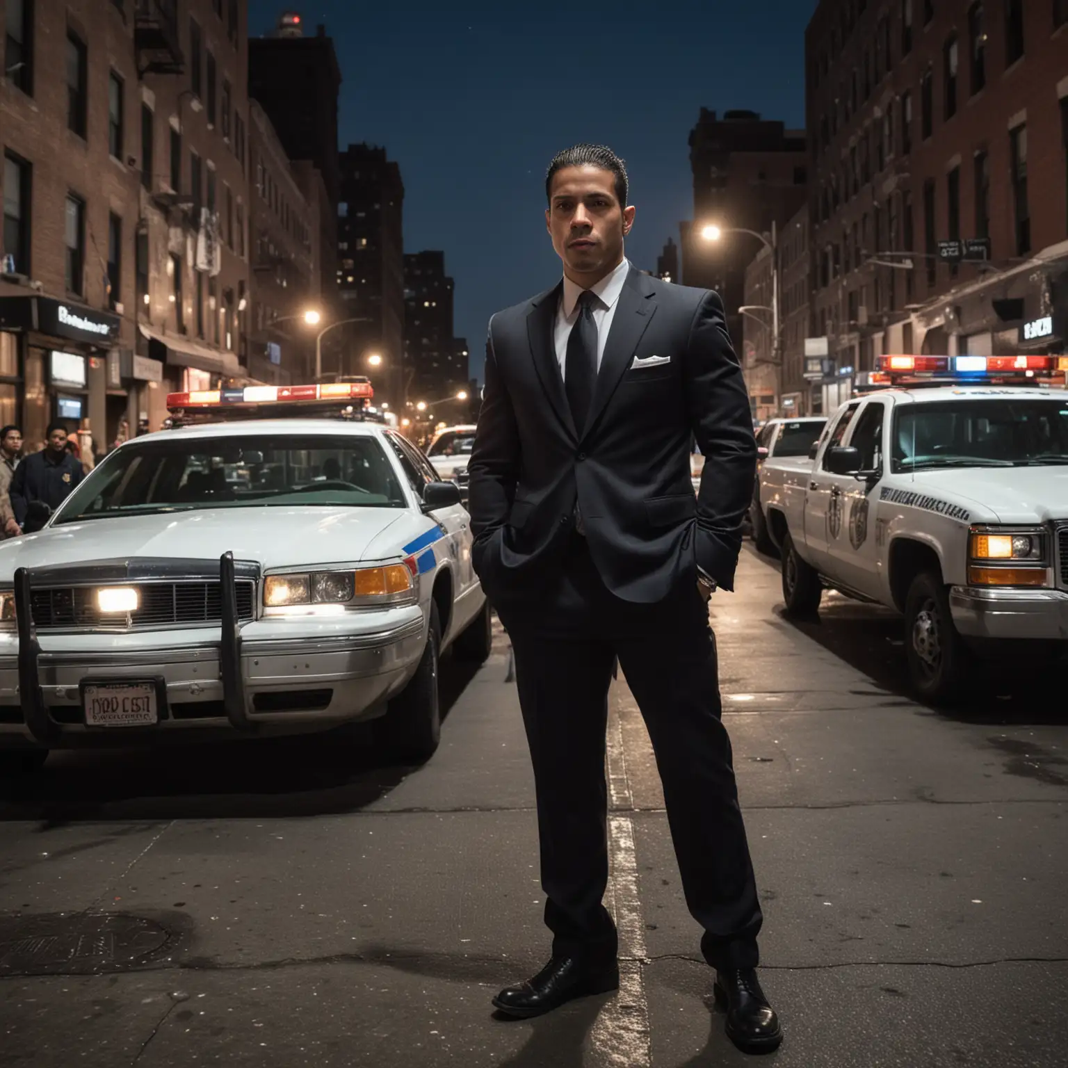 Puerto Rican Man in suit standing amidst urban gang violence, in the inner city of New York, night, police cars, people running in background
