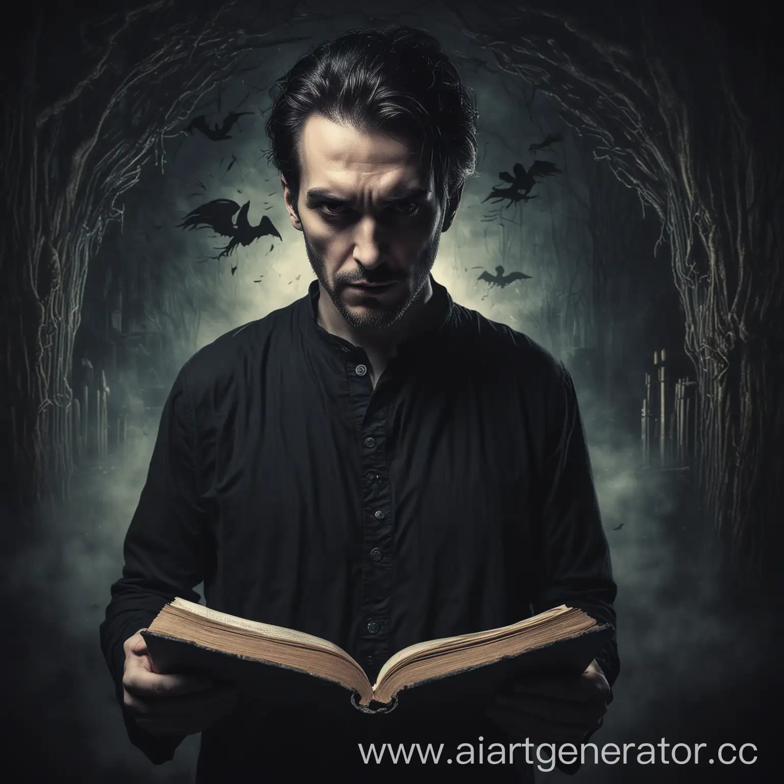 мужчина творец кошмаров, рассказчик историй ужасов, мрачный сказочник с книгой на мистическом фоне.