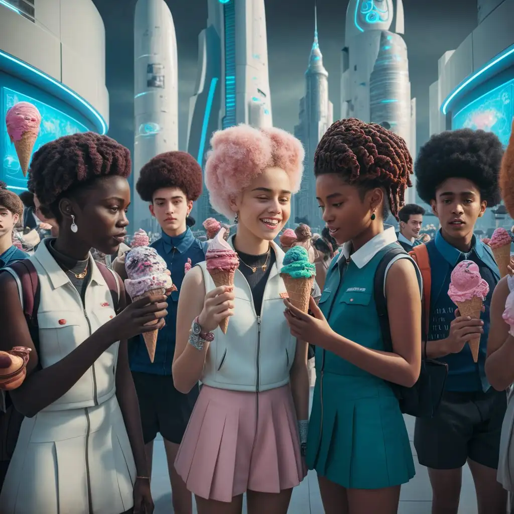 students holding ice cream, in futuristic style