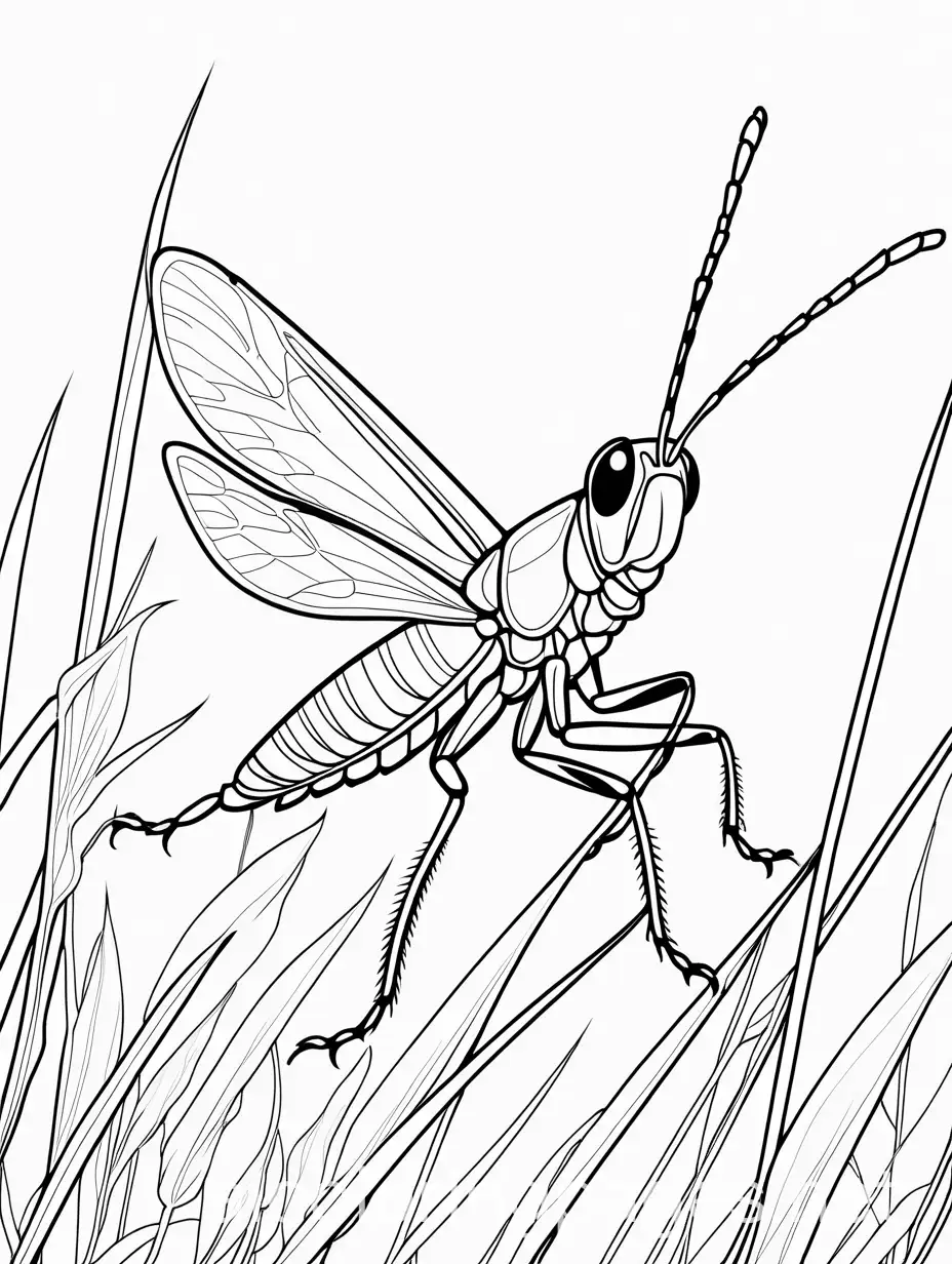 A grasshopper with detailed legs, ready to leap through tall grass., Coloring Page, black and white, line art, white background, Simplicity, Ample White Space. The background of the coloring page is plain white to make it easy for young children to color within the lines. The outlines of all the subjects are easy to distinguish, making it simple for kids to color without too much difficulty