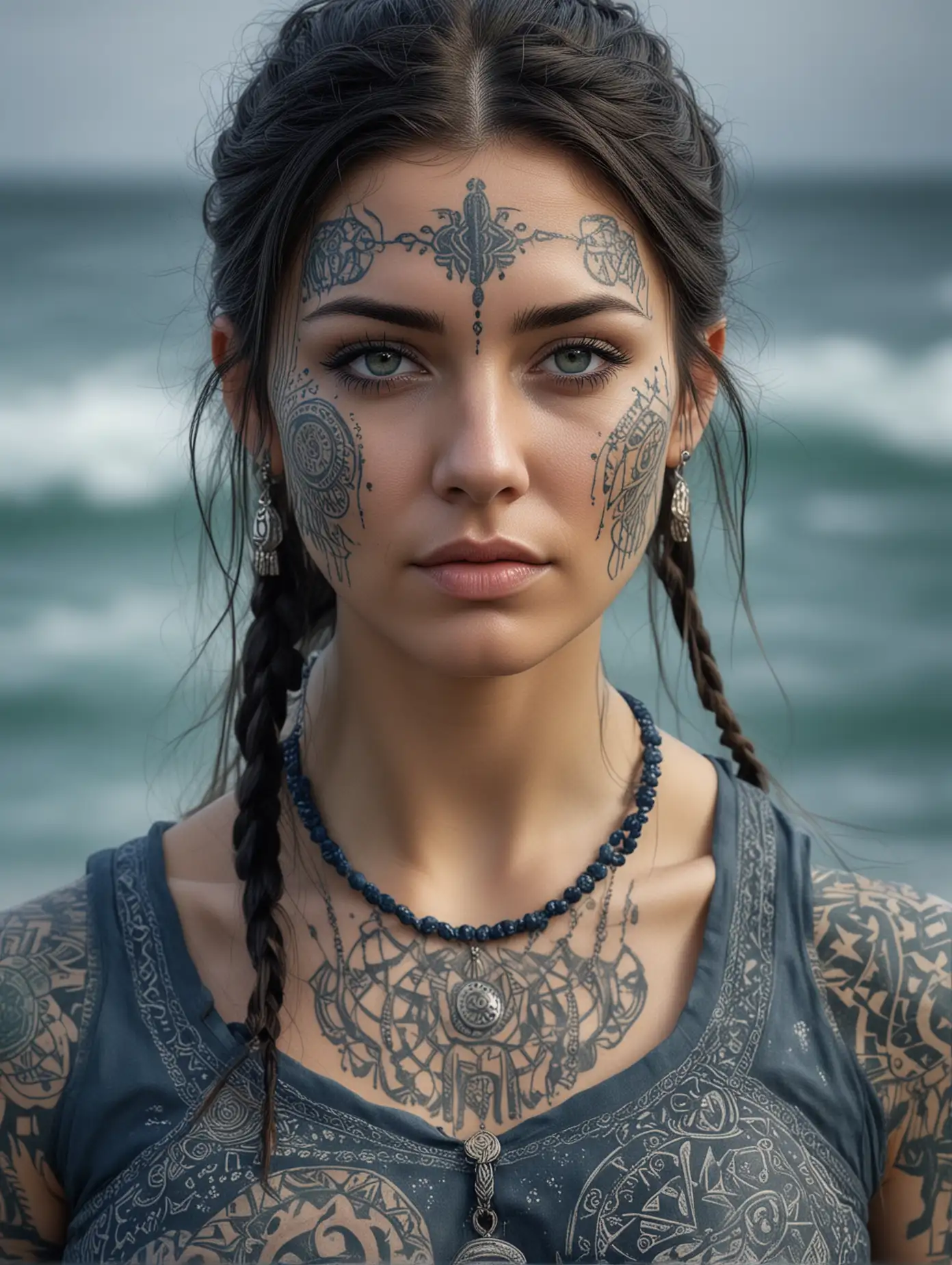 A portrait of a beautiful viking shaman with dark hair, runic tattoos on the face, gray eyes, wearing a dark blue and gray tunic adorned with seashells and many colorful green mystical signs : 1. | Oceanic waters in the back : 1. | Very detailed, wet, nordic atmosphere : 1. | Highly detailed,high precision,focus on textures, hyperrealistic : 1.