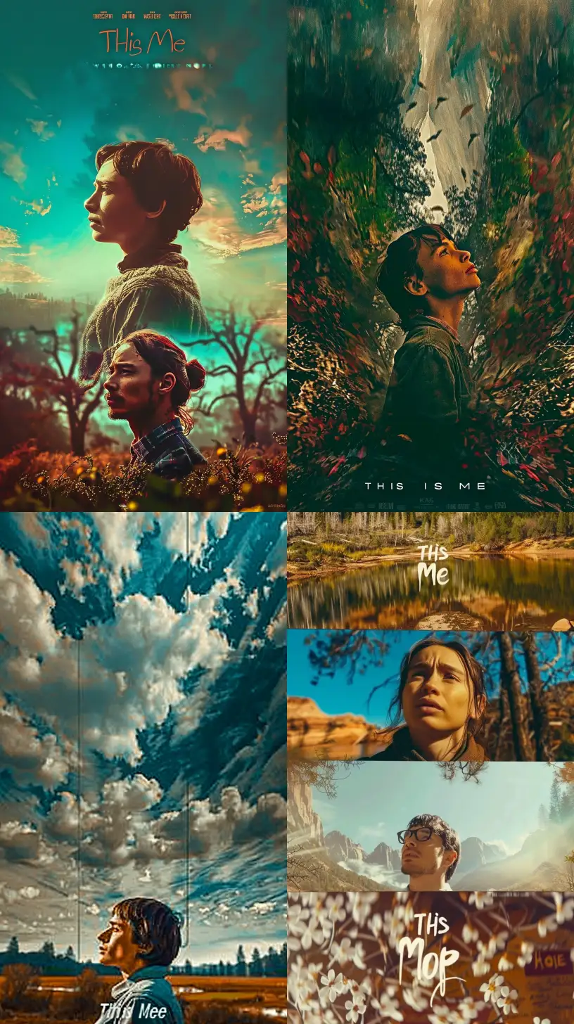 This is Me movie poster, the poster design is a girl staring at the sky contemplatively with a combination of charming nature backgrounds as if she is describing the spring inside her, a very precise combination, Landscape, Romanticism, Panoramic perspective, Low Contrast, Mirrorless Camera, Dramatic Lighting, Hope, --ar 9:16 --weird 53 --seed 36