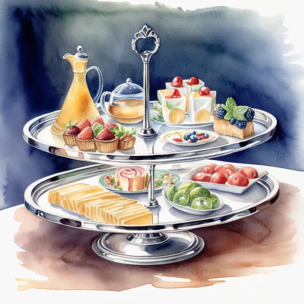 Elegant Cold Buffet Server on Serving Tray Watercolor Painting