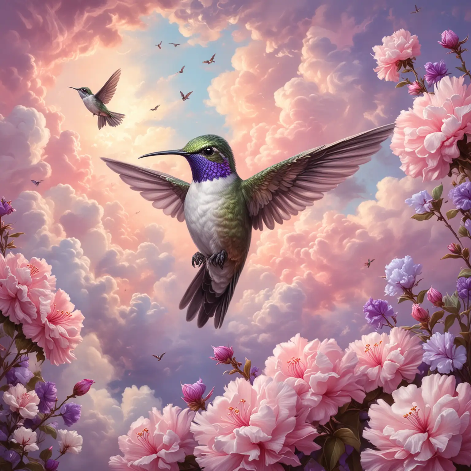 Graceful Hummingbird Amidst Cotton Candy Flowers in Pastel Pink and Purple