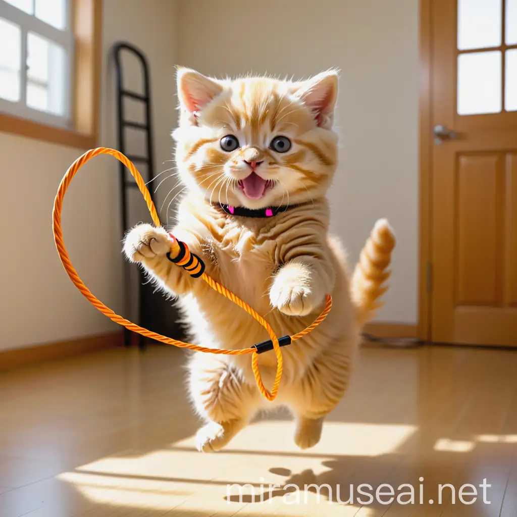 Playful Golden Kitten Jumping Rope Exercise