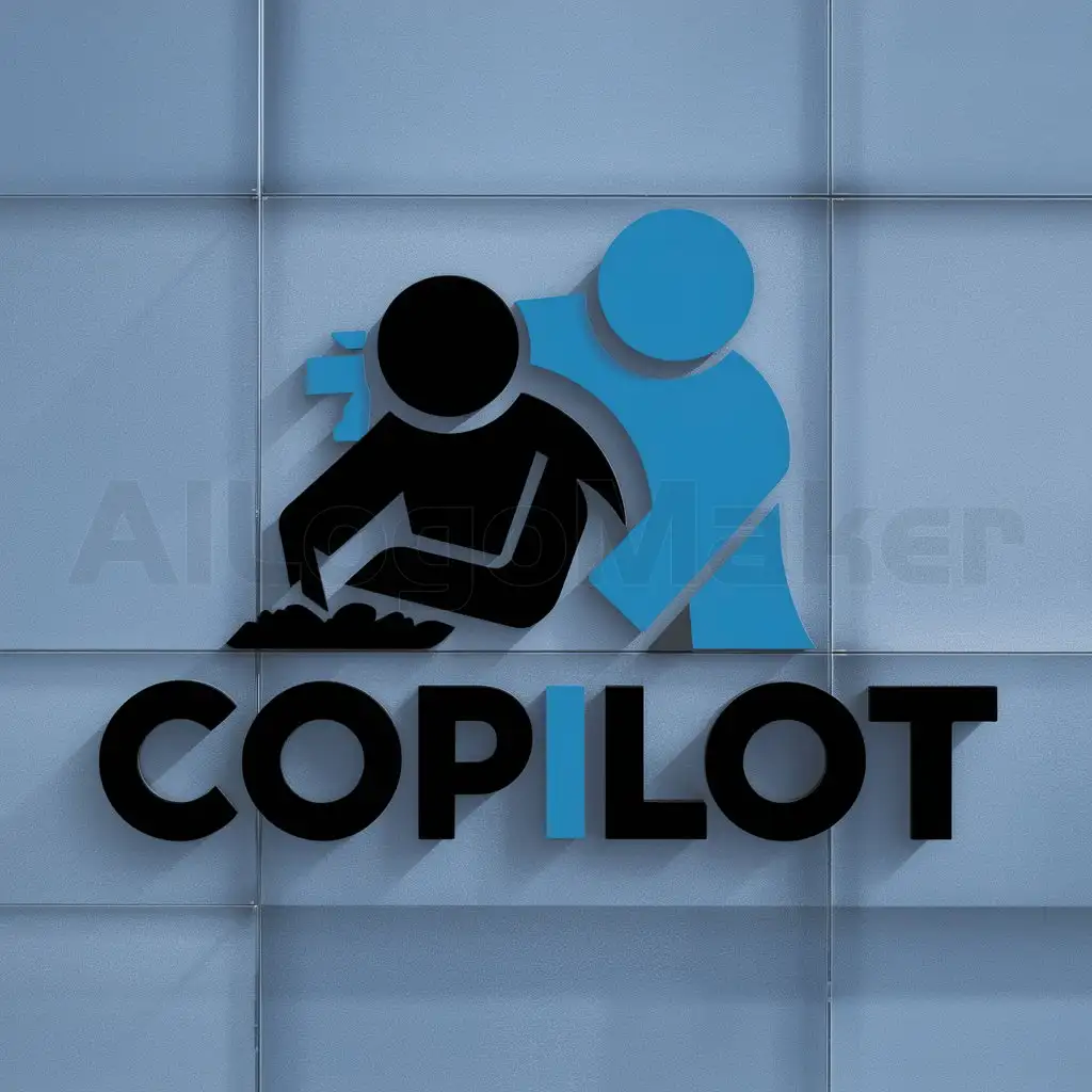 a logo design,with the text "COPILOT", main symbol:a drawing in the form of a silhouette of a person working (color black) and a silhouette color blue helping to cover them,Moderate,clear background