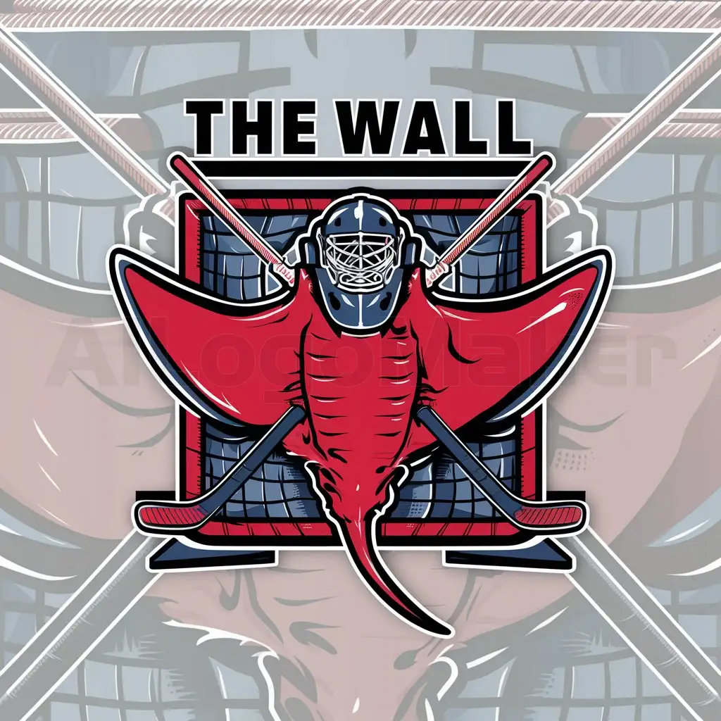 a logo design,with the text "The Wall", main symbol:Stingray hockey goalie red and blue,complex,clear background