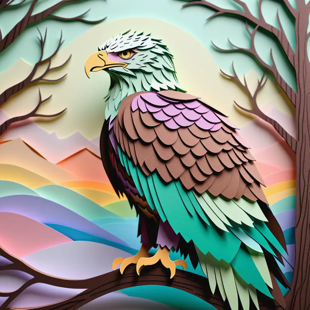 High Detail LaserCut Paper Illustration of Eagle Perched on Branch