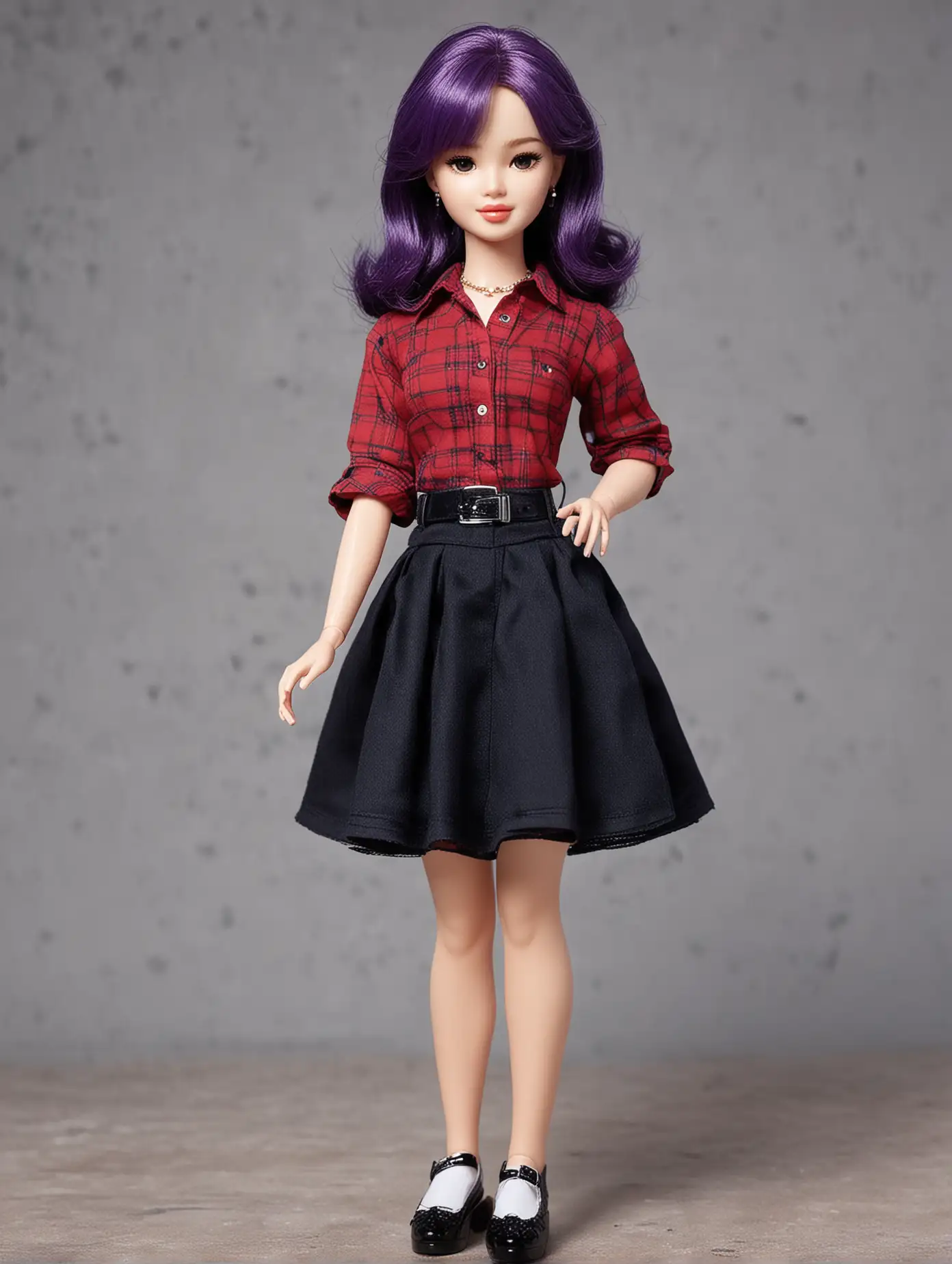 Song Hye-kyo is a very beautiful and chubby teenage Barbie doll. Height 5CM. Purple hair, wearing a red and black shirt waist dress. blue. white. sparkling. Cute Pose Style. black shoes. Fashion weekend
