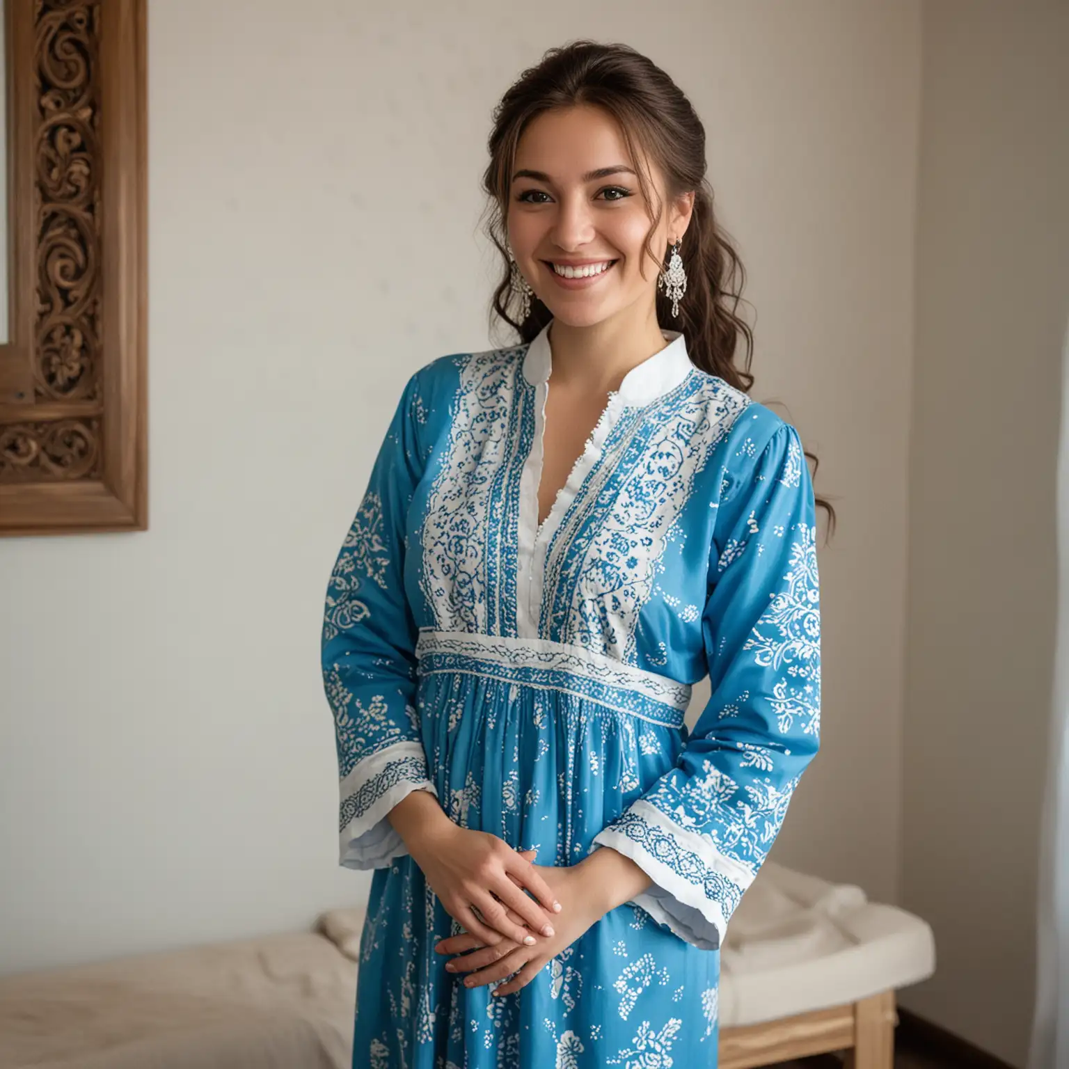 A young Italian american woman in a blue and white traditional kazakh woman's dress and smiling at a spa. She is pregnant.