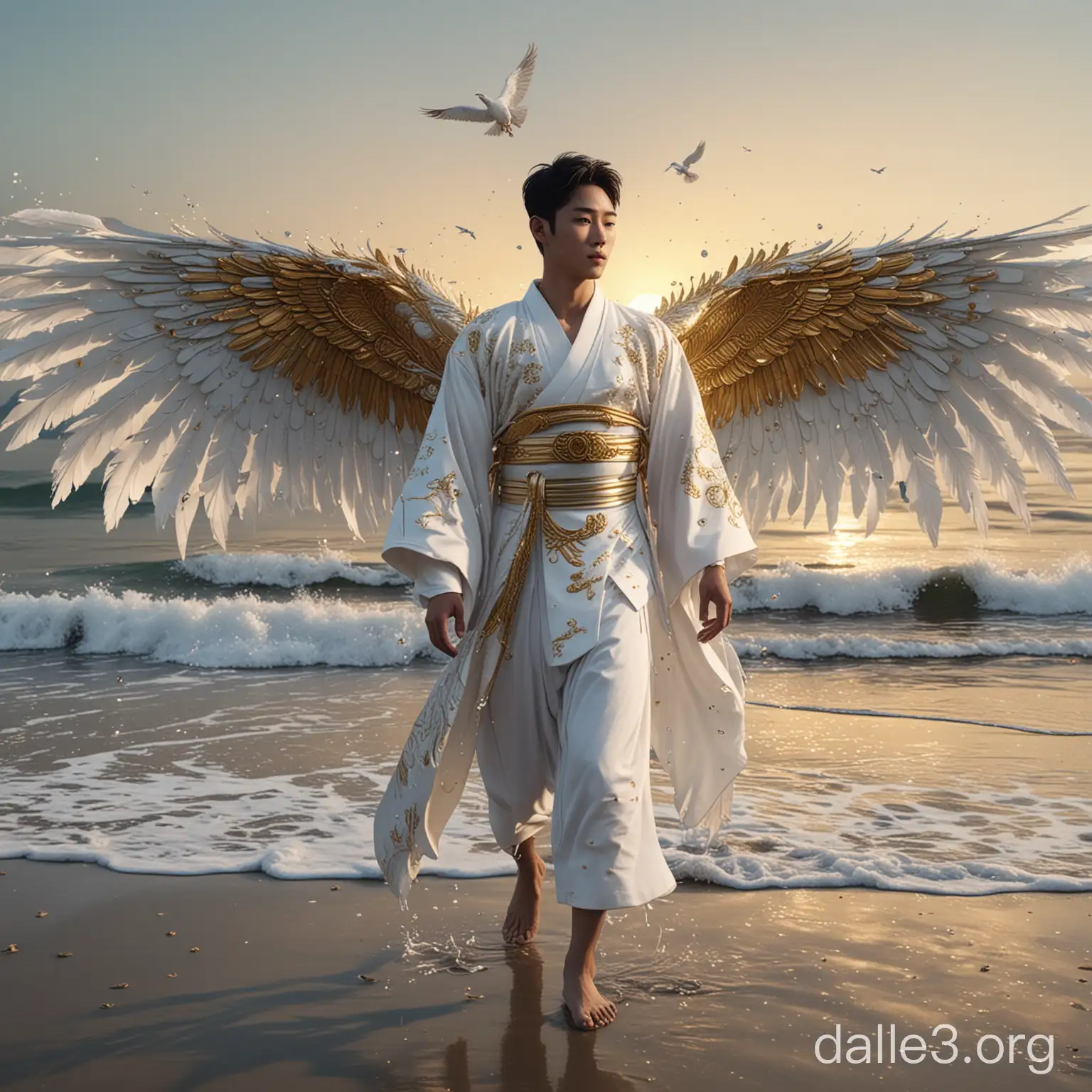 Professional Hyperrealistic Image fhoto Featuring A Korean handsome guy  Wearing A White Kimono With Intricate Motifs And Details In Gold.  Walking on the Beach at Dusk Side by Side with a very large wings Blue and White Spiritual Robotic Cyberpunk Phoenix Bird which is very cool and big Floating Around Her. water splash effect ,. Hyperrealistic. HD 4K