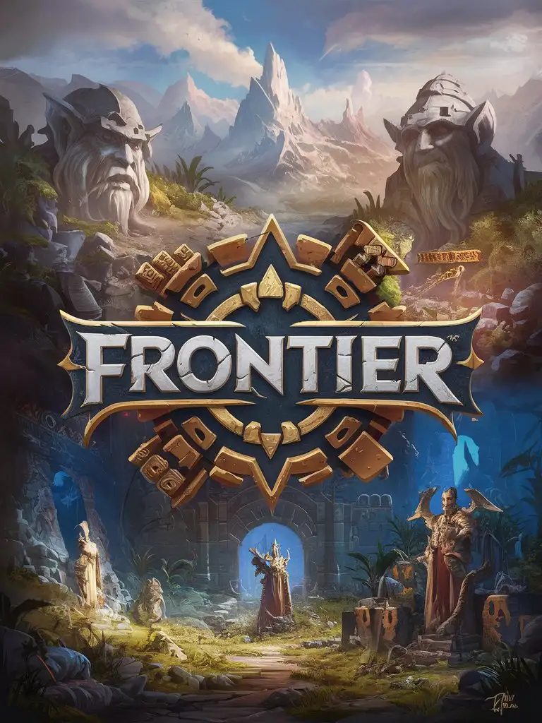 STYLIZED GAME ART WITH LOGO ONLY "FRONTIER" LOOMING STATUES, DWARVEN RUINS, MOUNTAIN PEAKS, WILD LANDS, ELVEN RELICS, PORTAL, SENTINEL WARDEN