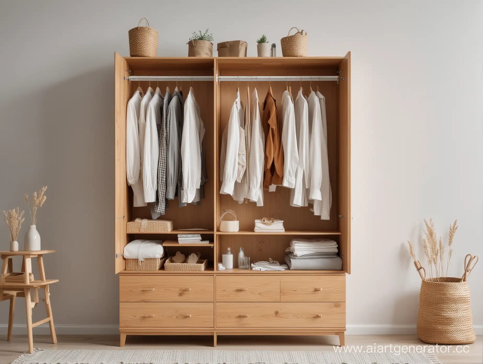 Open-Wooden-Wardrobe-with-Hanging-Items