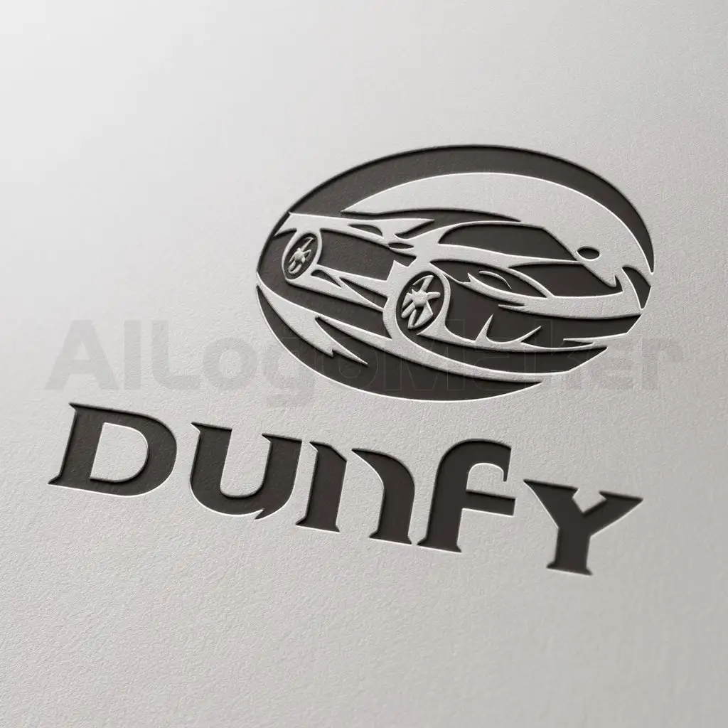 a logo design,with the text "Dunfy", main symbol:car logo in circle in white background,Moderate,be used in racing industry,clear background