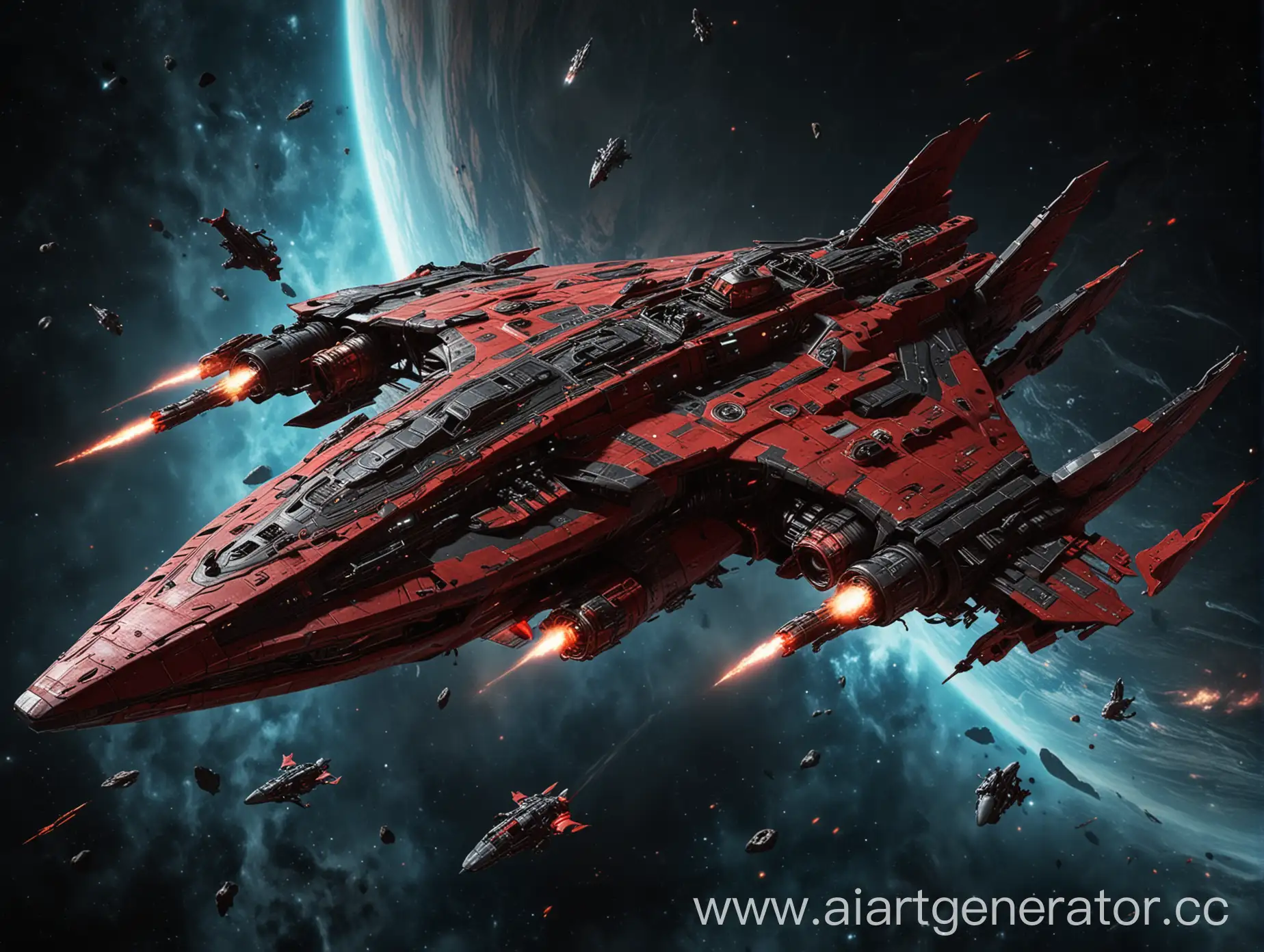 A large spaceship of the alien race of the main boss with weapons that can destroy an entire planet. View of the ship drifting in space. a view of a box with curved wings, a huge weapon from below. red and black with lights on the body