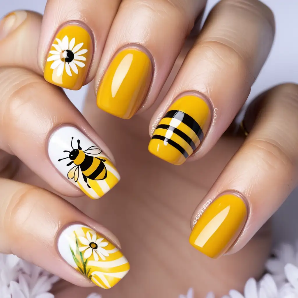 Vibrant Summer Nail Art with Honey Bee Flower and Leaf Accents