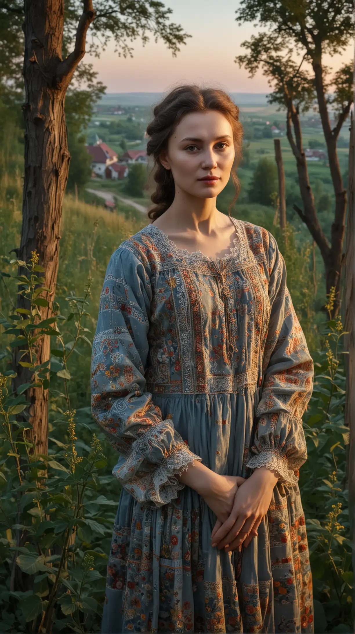 Start with a picturesque image of the Ukrainian countryside at dawn or dusk, portraying the tranquil beauty of Lyudmila Pavlichenko's birthplace in the village of Belaya Tserkov.