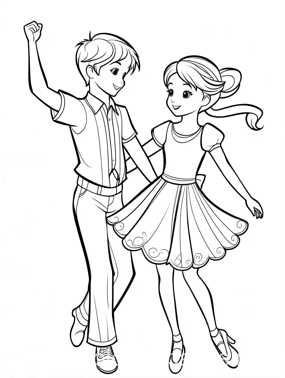 create a coloring page of boy  and a girl dancing, Coloring Page, black and white, line art, white background, Simplicity, Ample White Space. The background of the coloring page is plain white to make it easy for young children to color within the lines. The outlines of all the subjects are easy to distinguish, making it simple for kids to color without too much difficulty