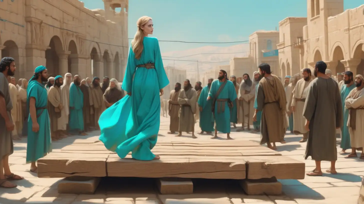 Anxious Blonde Woman in Turquoise Dress on Biblical Marketplace