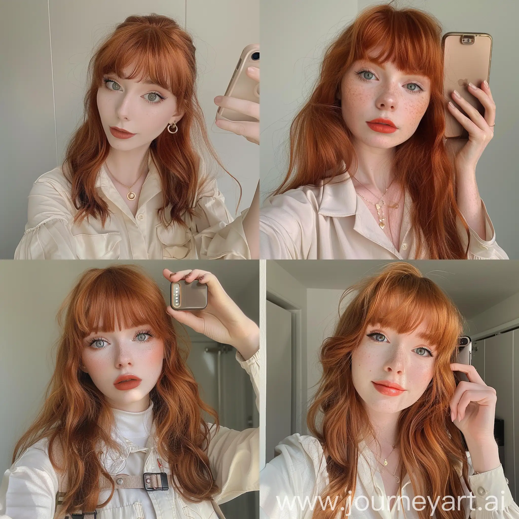Photo: A cute redheaded girl, light academia clothes, bangs, matte makeup, taking a selfie 