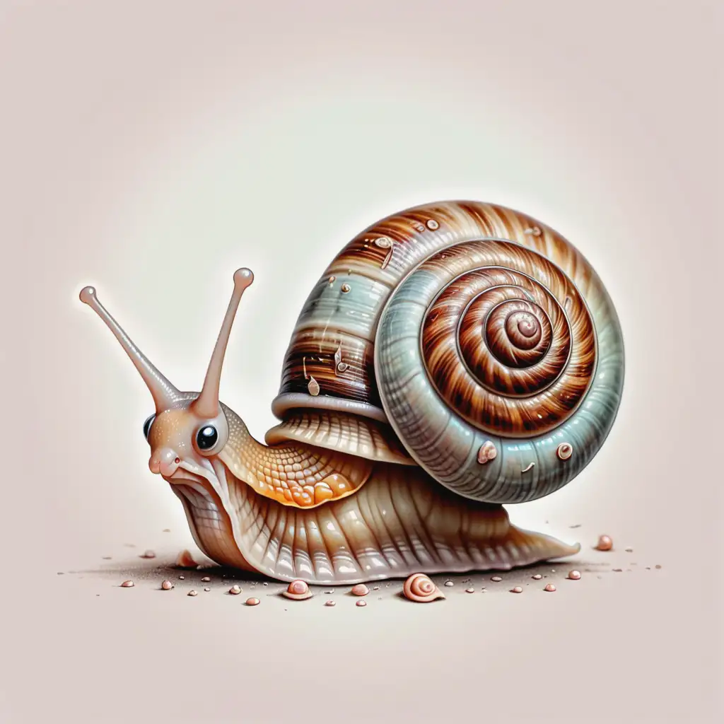 Intricate details, image of a a cute little snail with a damaged snail shell, in pastel drawing style, on a blank background