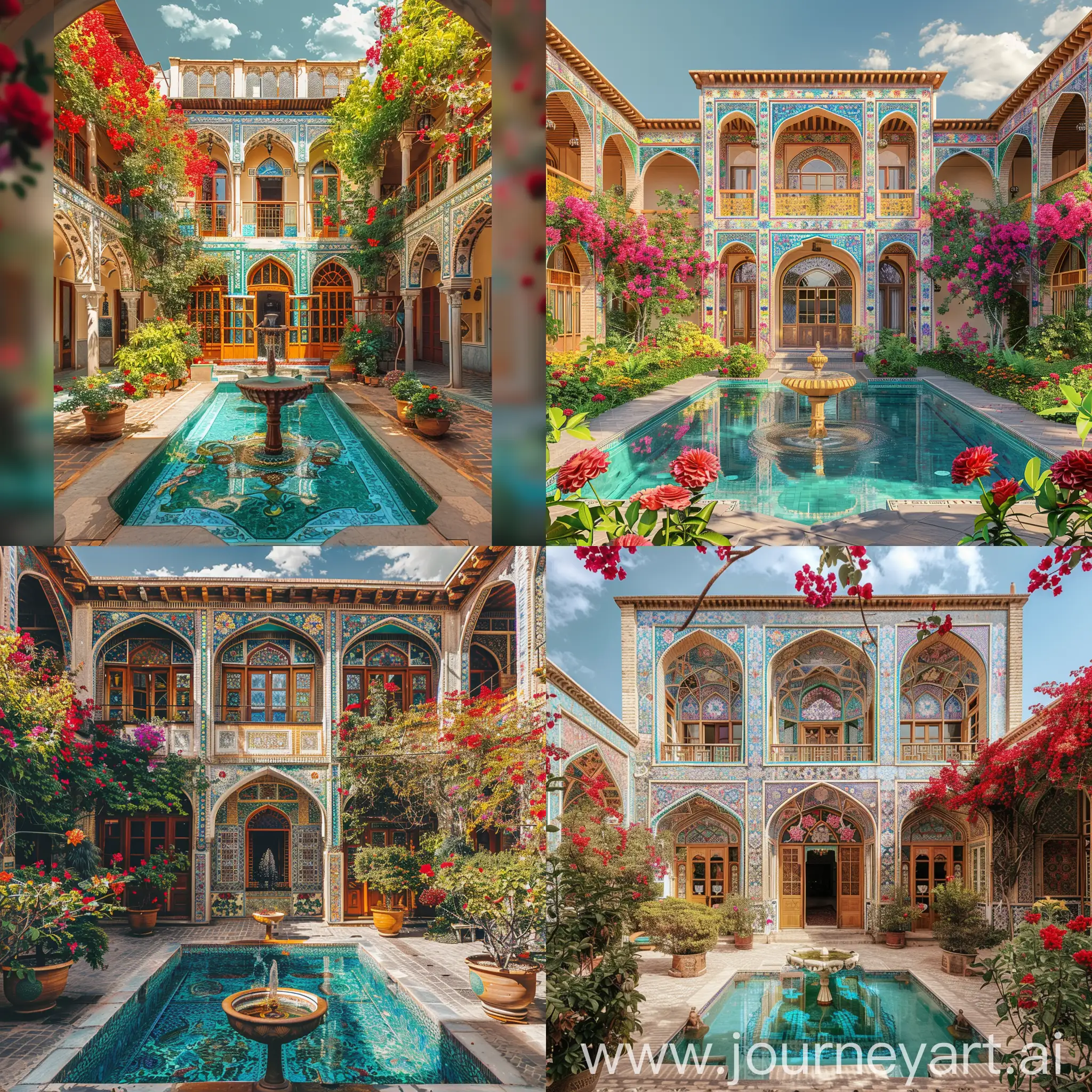 a traditional colorful persian house bulding with central yard and hanged bushes and red flowers and central pool and fauntain