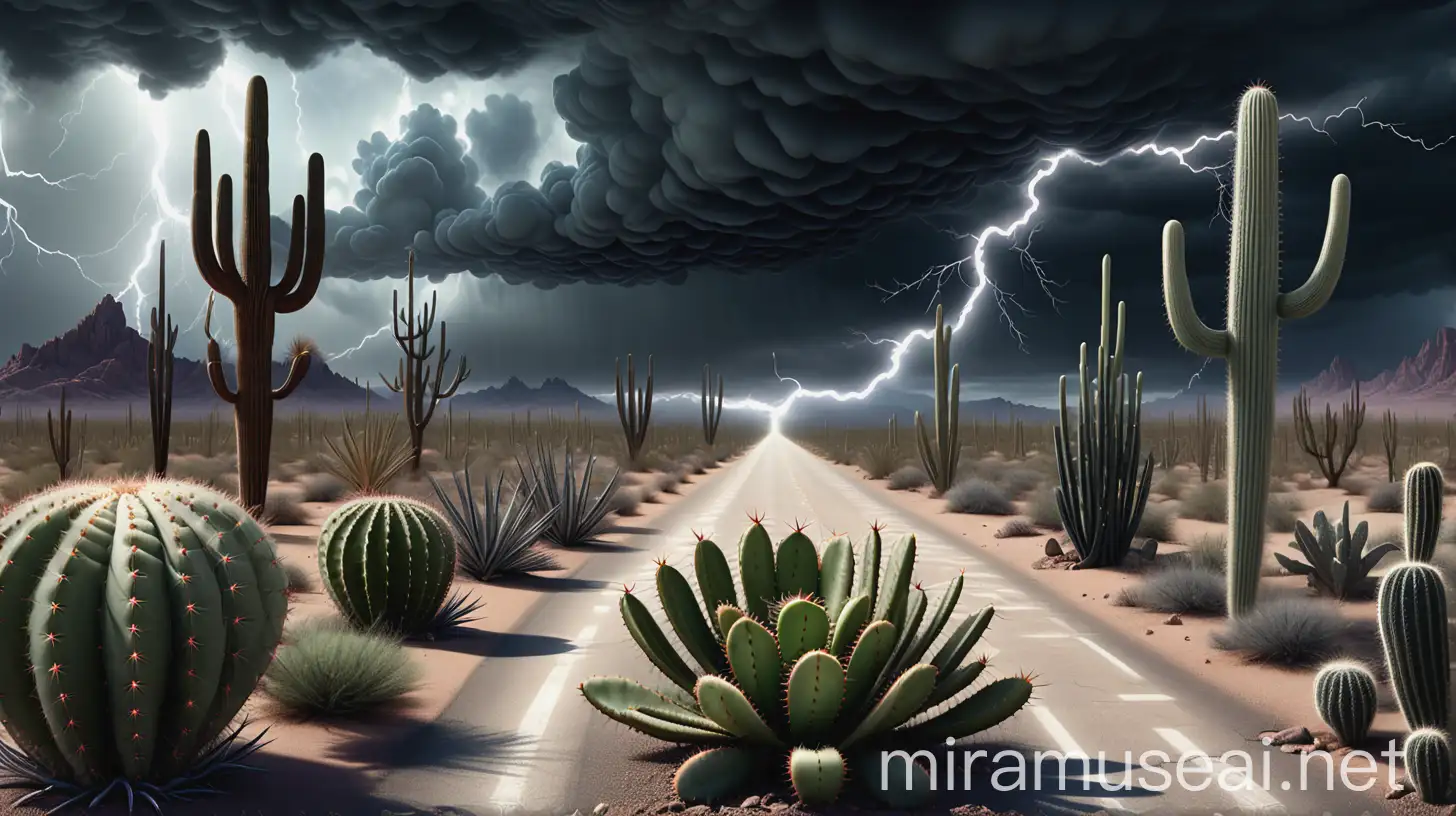 A long road through the desert up to the horizon, on the left and right of the road grow various cacti, in the sky there are storm clouds and a lightning, in the style of Carel Willink and H. R. Giger style, with humorous and mystical details, complex 3D rendering hyper detailed fine leaf lace filigree details, embroidered, fine mesh wire , hyperrealistic , mandelbrot fractal, octane design, 8k