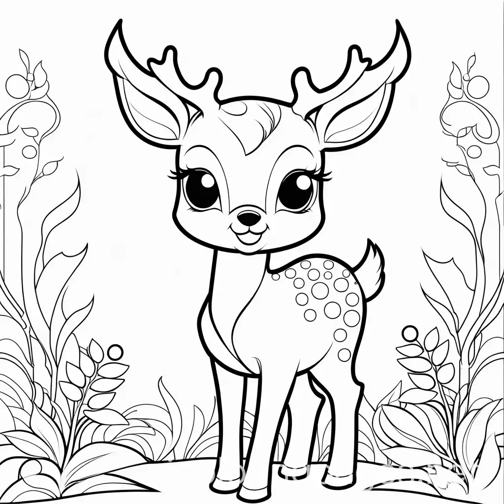 a black and white outline drawing of a cute cartoon deer with a white background, Coloring Page, black and white, line art, white background, Simplicity, Ample White Space. The background of the coloring page is plain white to make it easy for young children to color within the lines. The outlines of all the subjects are easy to distinguish, making it simple for kids to color without too much difficulty, Coloring Page, black and white, line art, white background, Simplicity, Ample White Space. The background of the coloring page is plain white to make it easy for young children to color within the lines. The outlines of all the subjects are easy to distinguish, making it simple for kids to color without too much difficulty