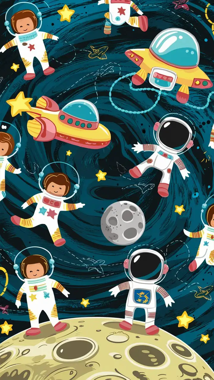 Space Doodle Astronauts Exploring Moon Surface with Spaceship