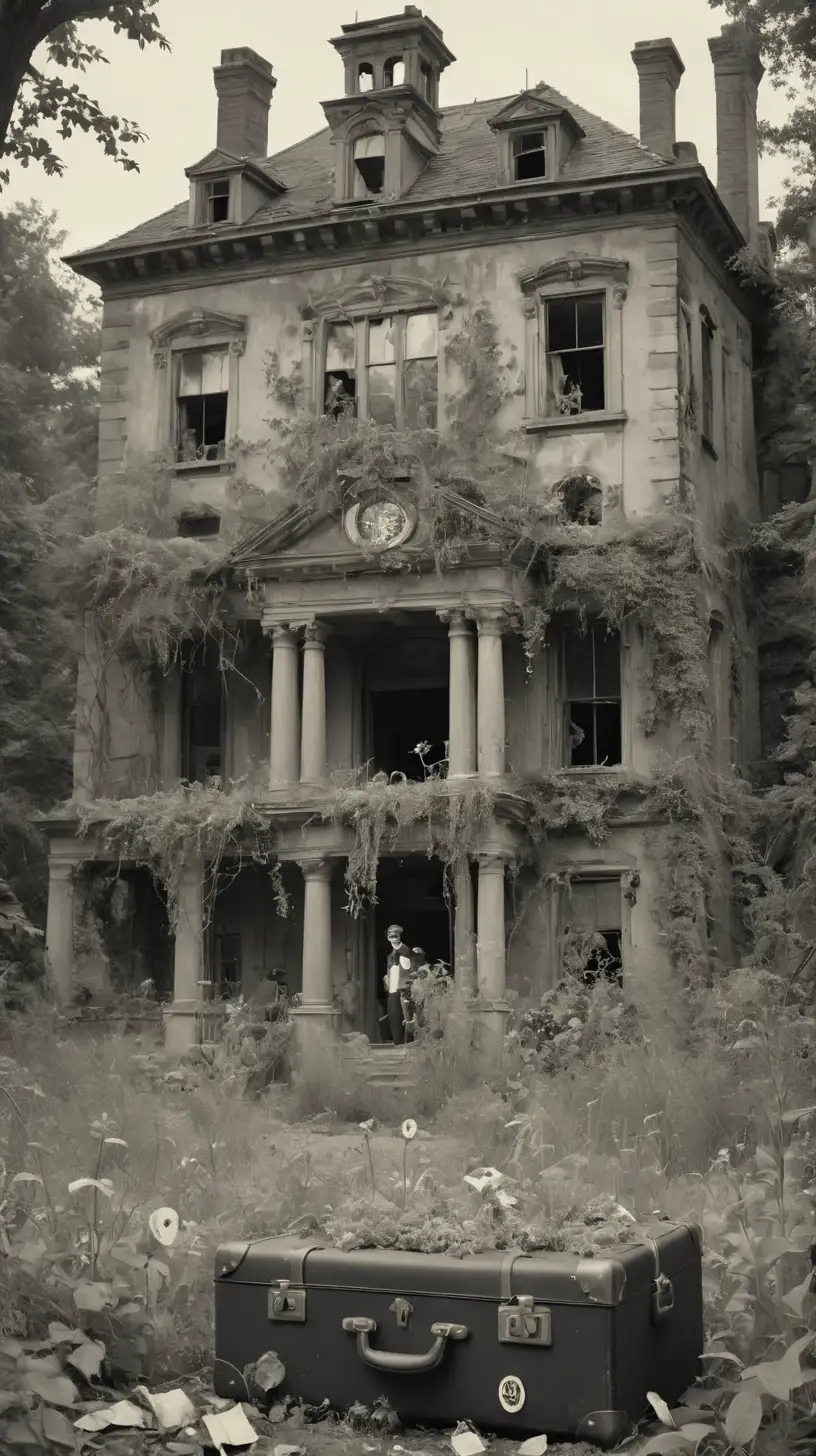 Prompt: Open with a black and white photo of a dusty and neglected mansion, overgrown with weeds. Transition to a montage of fast cuts showing stock market crash visuals and people struggling during the Great Depression. End with a black and white photo of a single, worn-out suitcase with the Vanderbilt family crest, symbolizing the loss of their fortune.