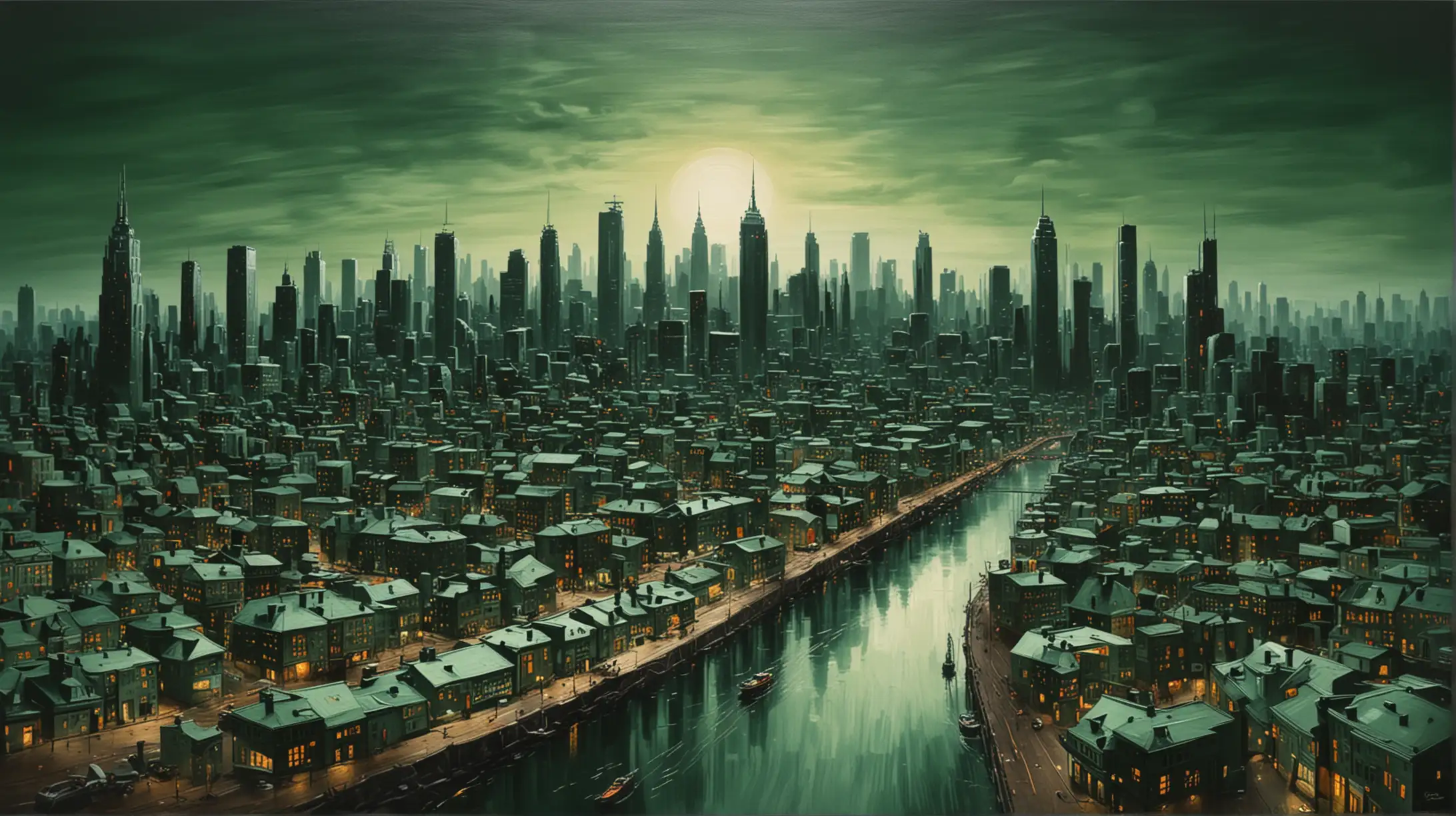 hunter green painting of a city 