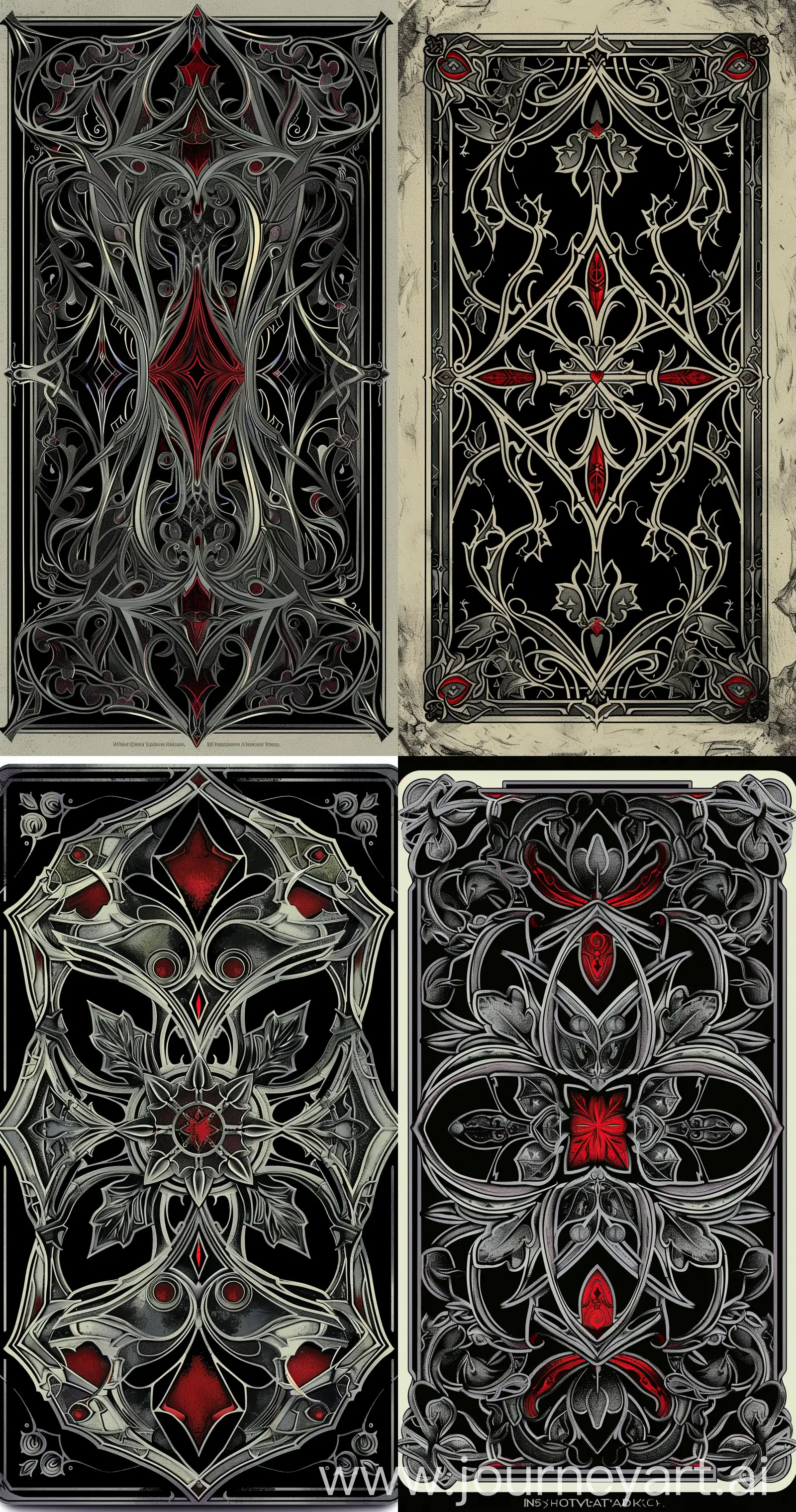 A card back, in the style of [Gothic], featuring [intricate details], [deep blacks and grays], [rich red], and [stylized stained glass]. Drawn all the way to the edges with no background visible. The card back should have a unique design, with elements of symmetry and repetition, Flat with no shadow, no script, while still maintaining a cohesive look and feel. The overall design should evoke a sense of [dark elegance], sophistication, and [gothic mystery], The final product should be high-quality, vector artwork, suitable for printing on the backs of standard playing cards. --ar 53:100 --v 6.0