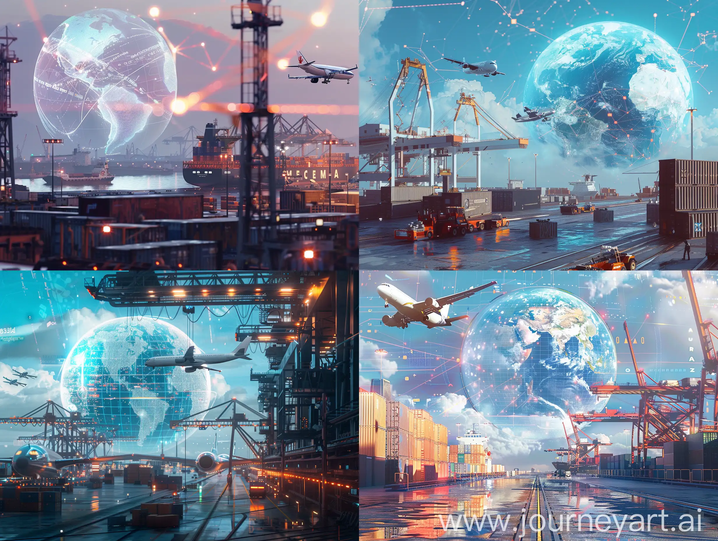 an ultra-realistic port scence with a big globe hologram with connecting trade lines in the background, big white airplane flying, cargo ship at the port along with port equipment and containers. make everything blend together.