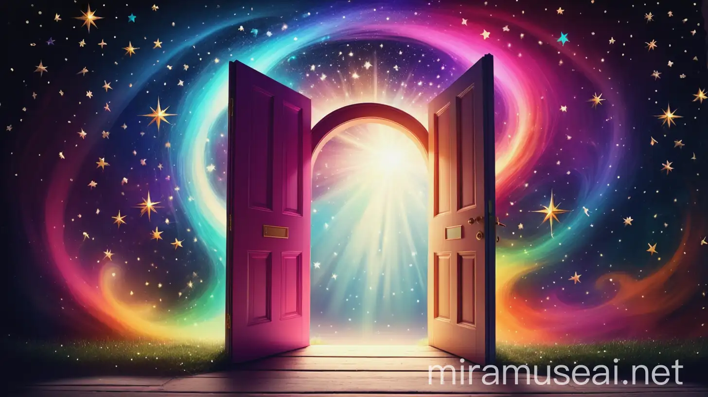 Mystical Open Door with Celestial Stars and Community Gathering