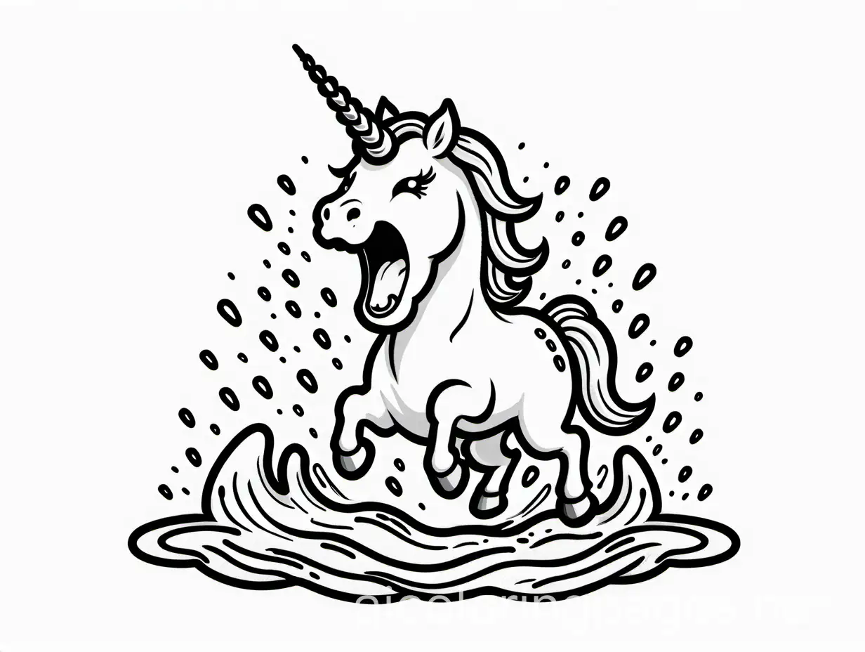 unicorn melting and screaming with agony, looking at the camera, Coloring Page, black and white, line art, white background, Simplicity, Ample White Space. The background of the coloring page is plain white to make it easy for young children to color within the lines. The outlines of all the subjects are easy to distinguish, making it simple for kids to color without too much difficulty