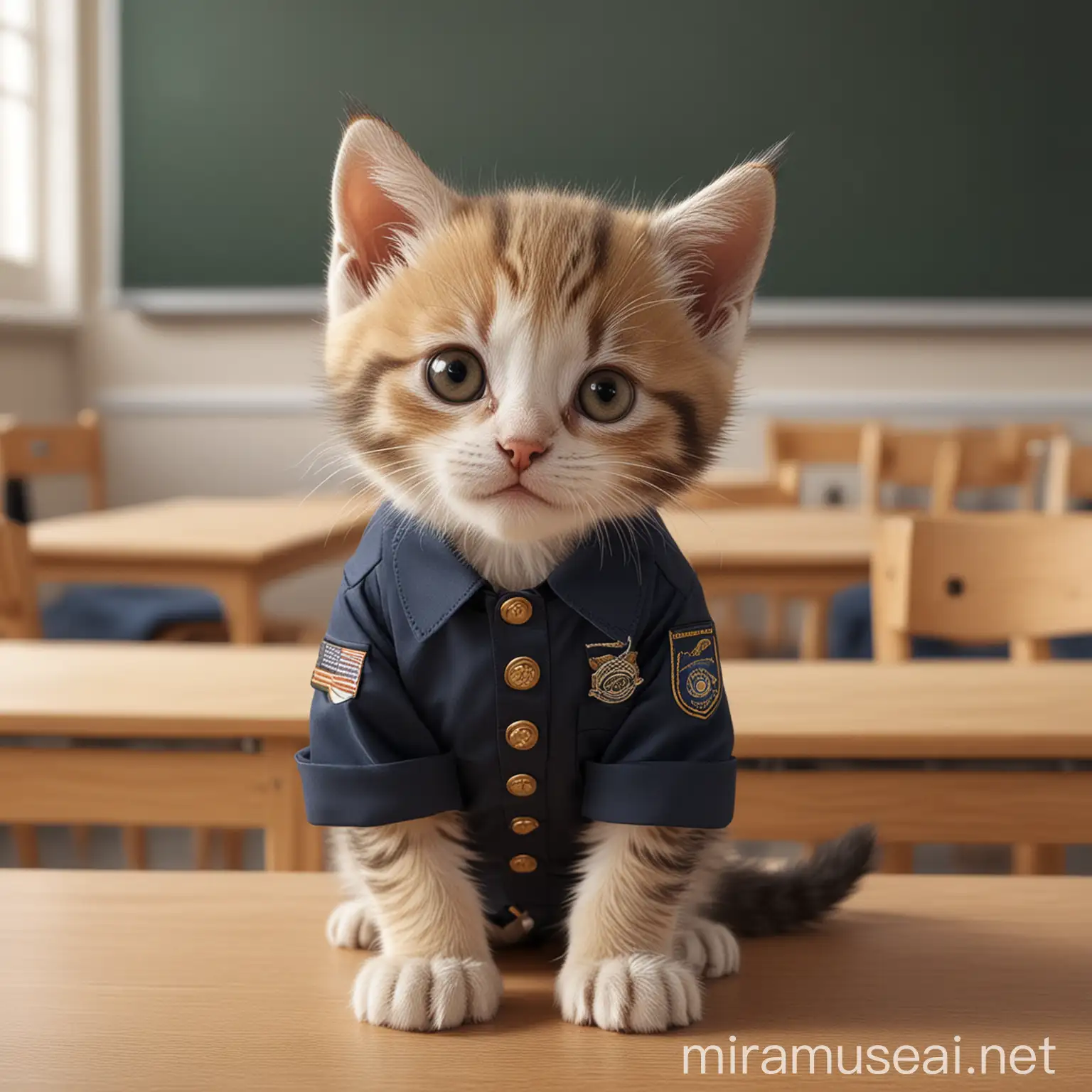 realistic image of a kitten in a classroom dressed in uniform listening attentively to lessons