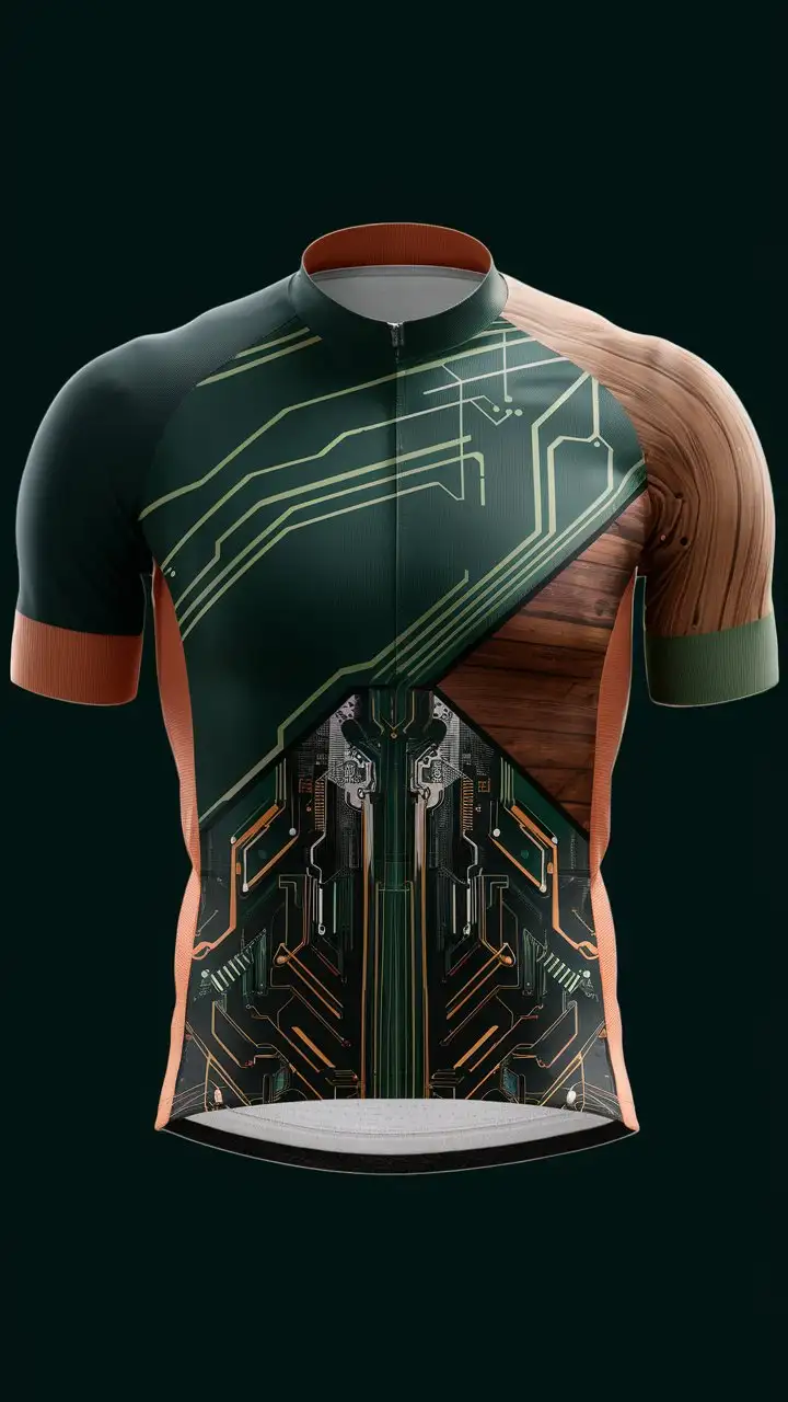 front view, design of cycling jersey, front view, dark green and green and wood and brown and orange colors, cybernetic style
