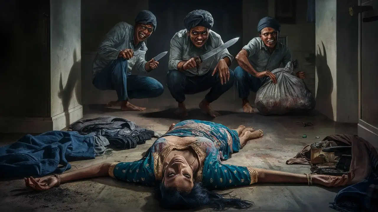 Focus on the dead body of the Indian woman inside the house, some thieves are seen in the background, who have a knife in their hands.
