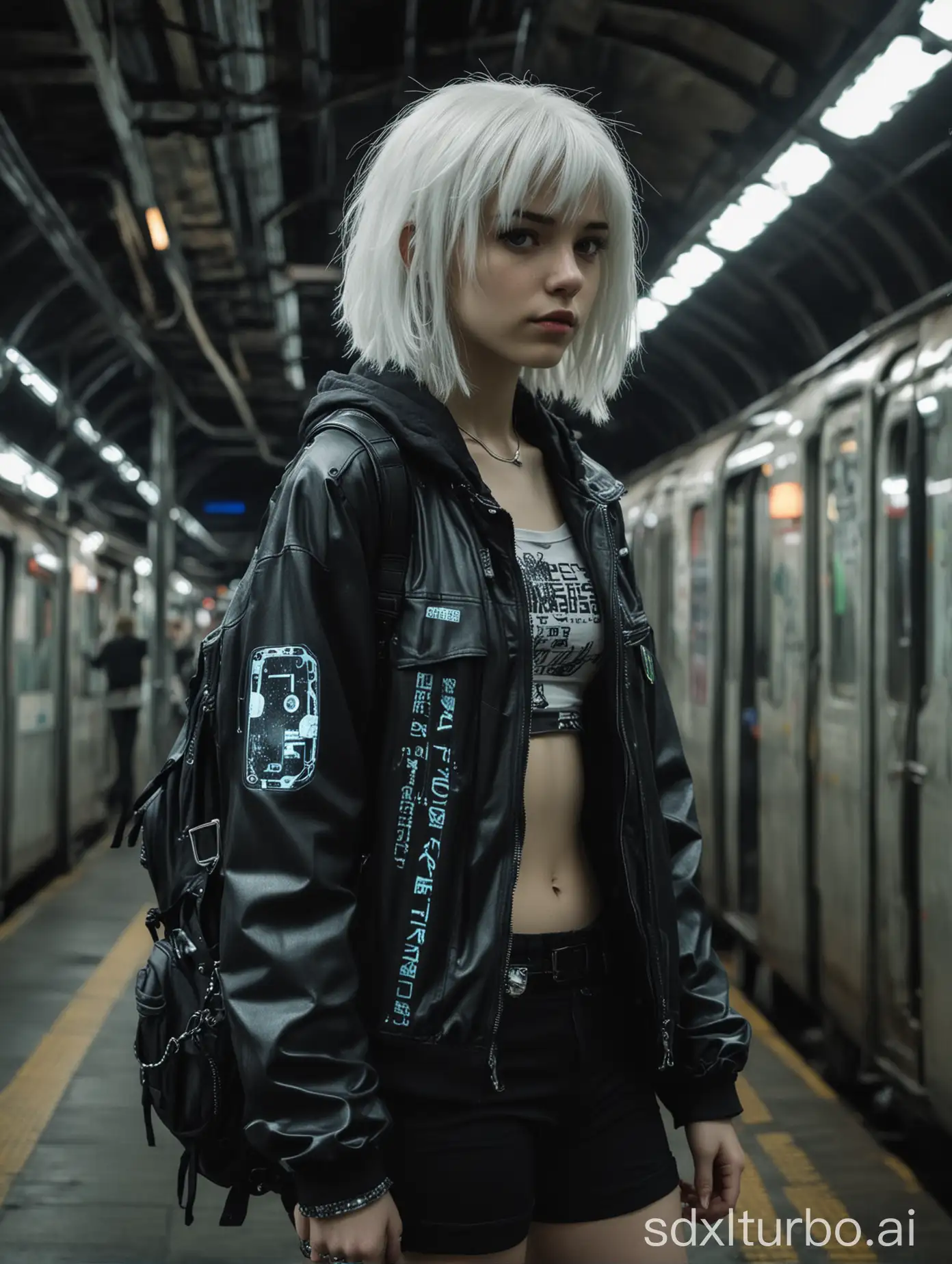 teen femboy hacker, white hair, outfit with bioluminescent details,  jacket over crop top, backpack, dystopian cyberpunk subway station, low light, dark shadows