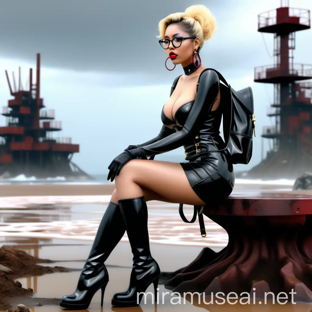 Asian Latina african woman fallout 4 latex corset latex mini skirt round ((glasses and earrings)),((latex backpack)),,, A woman designed with a high level of detail and a glossy, almost hyper realistic quality, typical of fantasy art of ,,(( and high heel ankle boots above the thigh latex)), ((latex long glover)),her outfit accentuates her body, reflective, shiny. realistic. rainy day, wet, water dripping,, epic masterpiece, cinematic experience, 8k, fantasy digital art, HDR, UHD. This contrast between the fantastical character and the more traditional color scheme and elements gives the piece an intriguing narrative quality. Model Is crouched down looking at camera, with one leg extended outwards toward the camera.fallout 4 ermos junk yard,Yellowish red Skunk Hair, Cottagecore aesthetic, black hair with blonde tip, , toned legs, , long eyelashes, (naturally soft skin, defined high cheek bones), face details, magic, digital painting,((34k bust))seated with the sea in the background