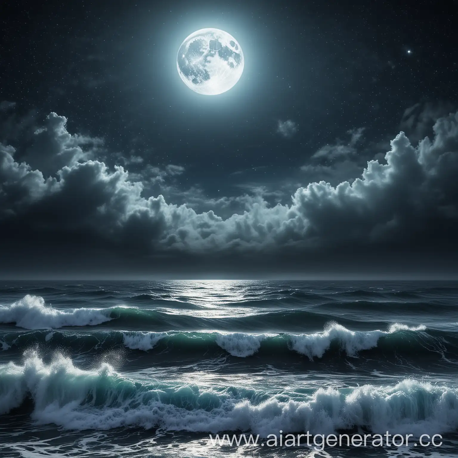 Синее море с большими волнами на фоне черного неба и луны, с яркими звёздами и прозрачным туманом.