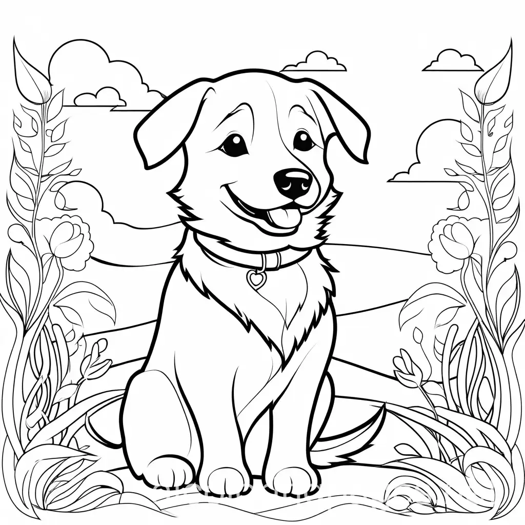 a happy  dog gardin, Coloring Page, black and white, line art, white background, Simplicity, Ample White Space. The background of the coloring page is plain white to make it easy for young children to color within the lines. The outlines of all the subjects are easy to distinguish, making it simple for kids to color without too much difficulty