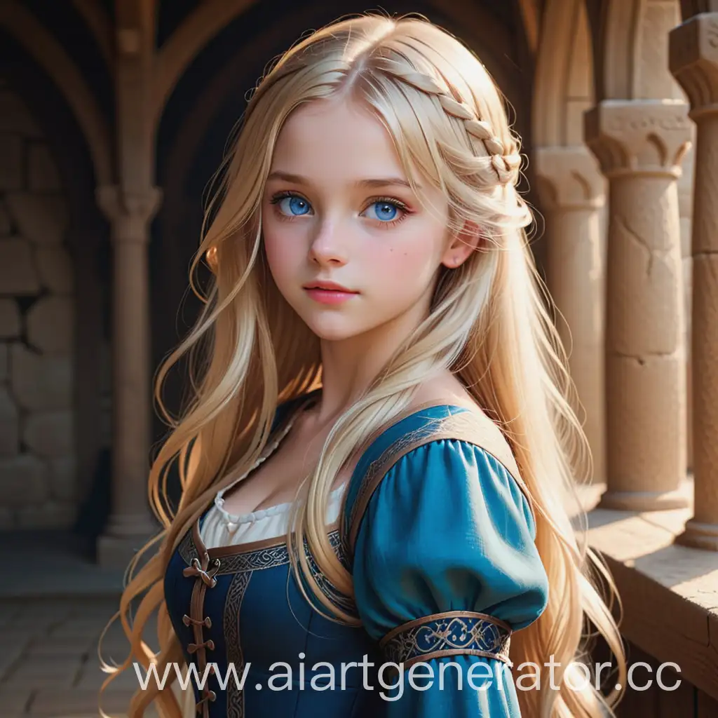 Молодая девушка, блондинка, длинные волосы, голубые глаза, высокое качество, пол тела, средневековье