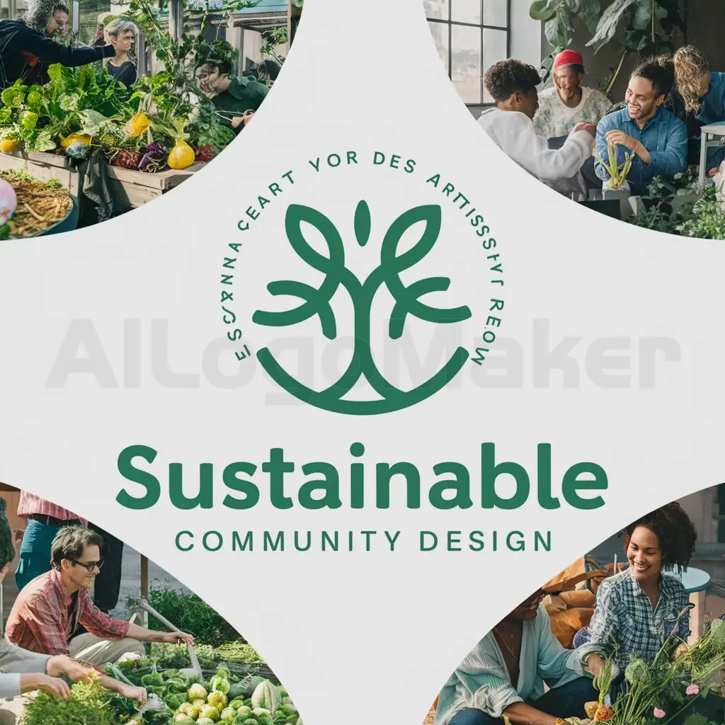 a logo design,with the text "Sustainable Community Design", main symbol:community, eco artistic space, vegetable garden, people, green, innovation, shared vegetable garden,Moderate,be used in art industry,clear background