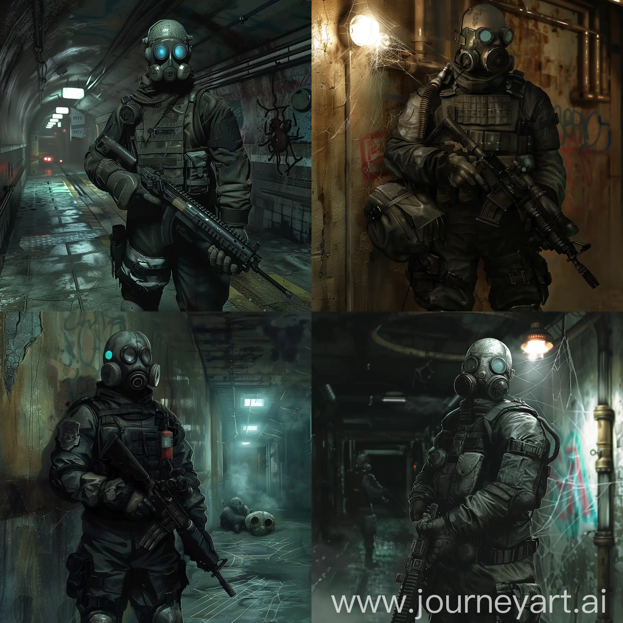A stalker from the world of Metro 2033 in homemade chemical protection with a Kevlar bulletproof vest, in a gas mask, with a sniper rifle in his hands, stands in the middle of an abandoned station that is absolutely not illuminated by electricity since there is none, only a lamp that stands next to the stalker scantily illuminates everything around, and around the stalker there are cobwebs, cocoons of spiders and mutant spiders themselves the size of a dog, a stalker in a fighting position, the atmosphere is tense, frightening.